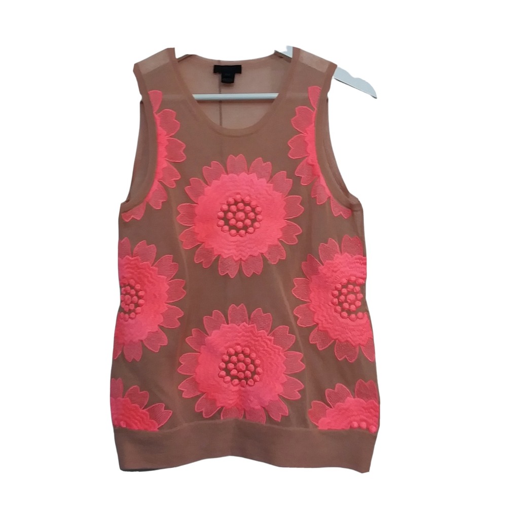 J.Crew Collection XXS Tan Neon Pink Floral Embroidered Sheer Knit Tank‎ Top